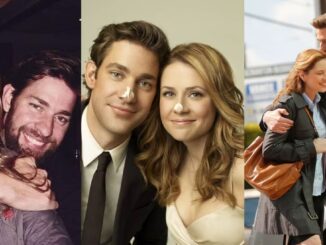 Three side by side images of John Krasinski and Jenna Fischer from The Office