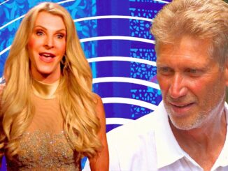 The golden bachelorette star joan vassos in montage with gerry turner with concentric circle background