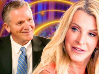 The golden bachelorette stars joan vassos and chock chapple in smiling close ups with neon background