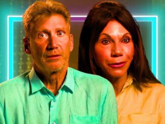The golden bachelor montage featuring gerry turner and theresa nist in close ups with serious expressions and glowing background