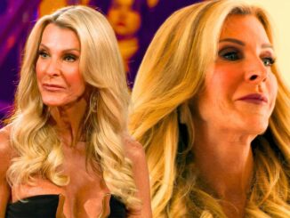 The golden bachelorette star joan vassos in montage with two serious expressions and indoor and outdoor background