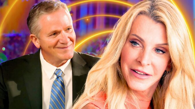 The golden bachelorette stars joan vassos and chock chapple in smiling close ups with neon background