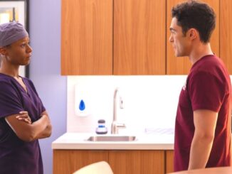 Ashlei Sharpe Chestnut as Naomi Howard and Darren Barnet as John Frost in Chicago Med season 11 episode