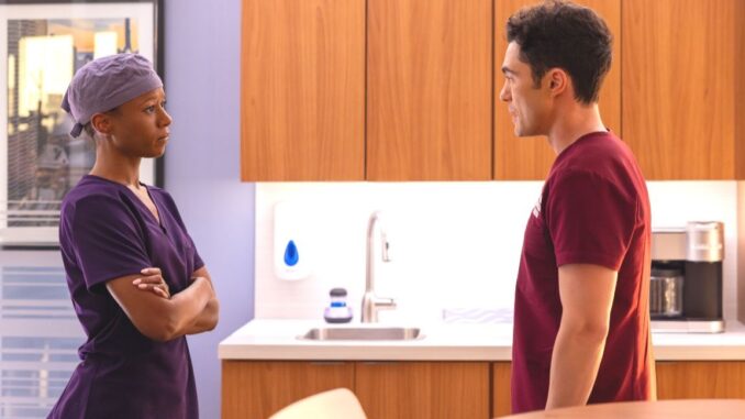 Ashlei Sharpe Chestnut as Naomi Howard and Darren Barnet as John Frost in Chicago Med season 11 episode